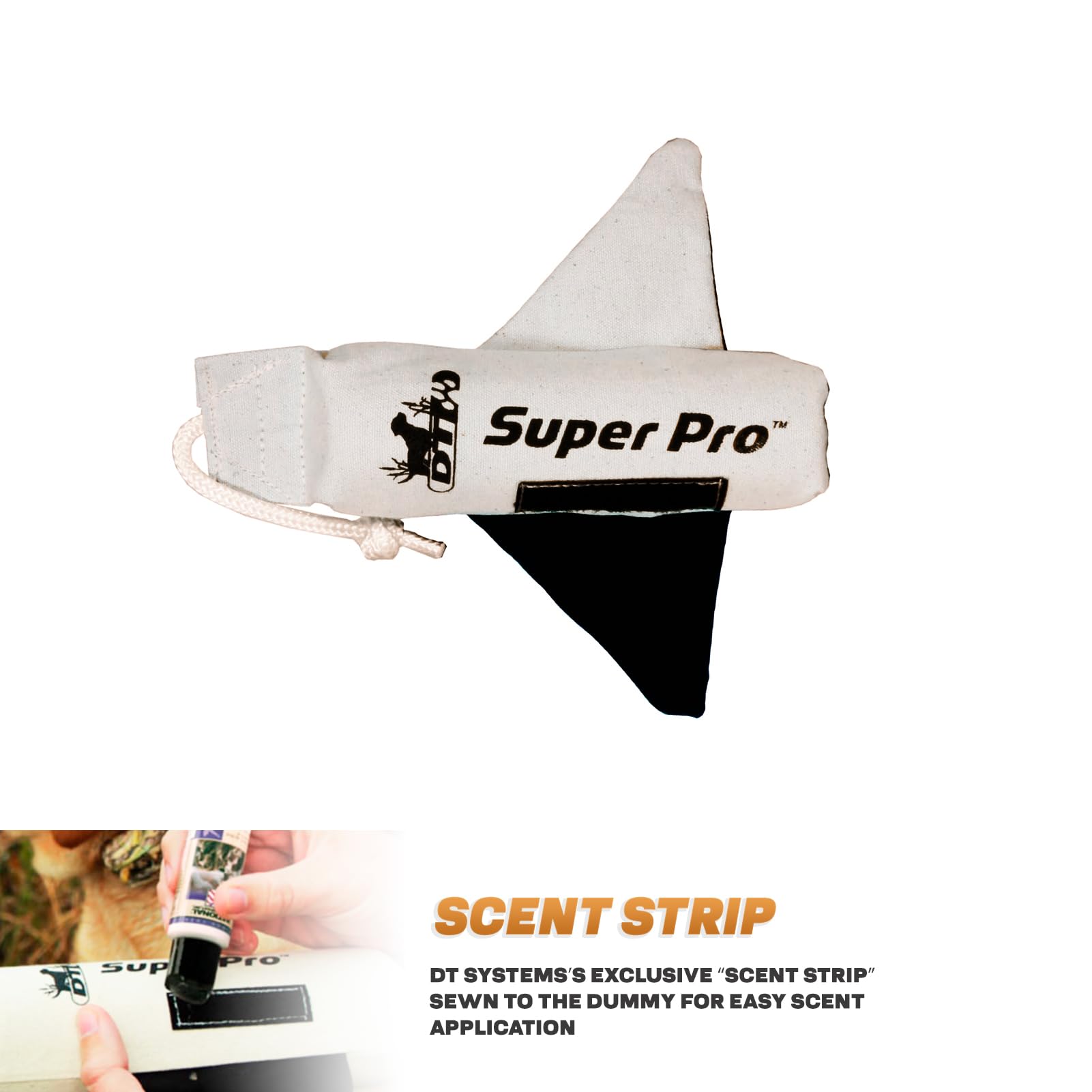 DT Systems Super Pro Series Canvas Winged Dummy, Durable High-Visibility Black & White Floating Hunting Dog Retriever Training Tool with Scent Strip & Rope Handle - Image 5